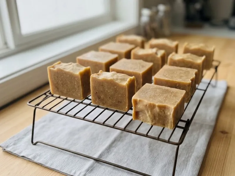 Bars of handmade natural soap curing on a metal wire rack on a wooden countertop.