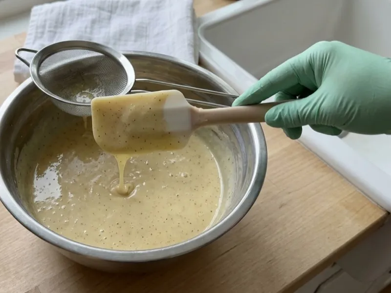 A gloved hand lifts a spatula coated in speckled soap batter over a stainless steel bowl.