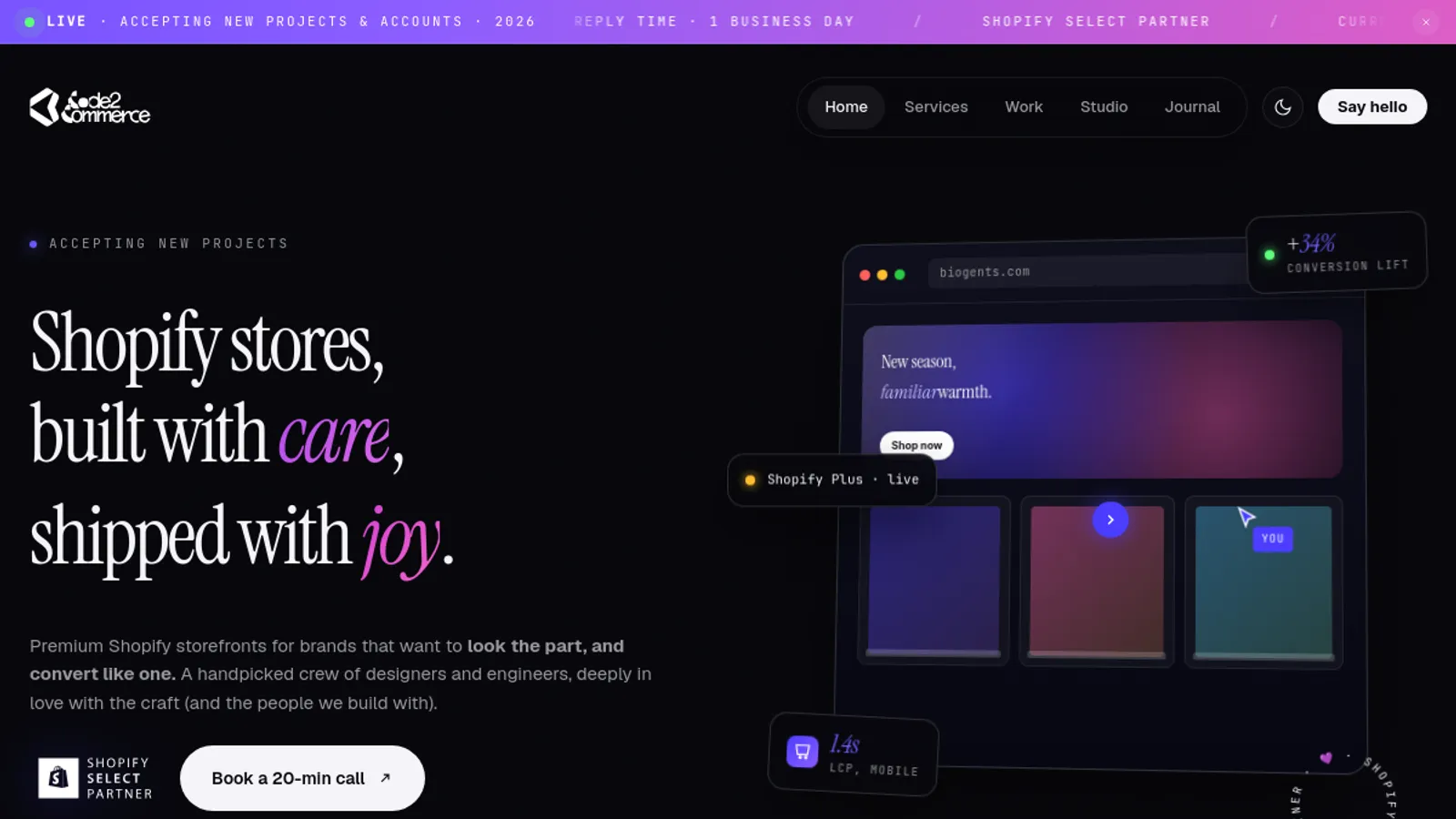 Screenshot of the Code2Commerce homepage