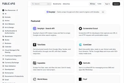 Screenshot of the Public APIs homepage