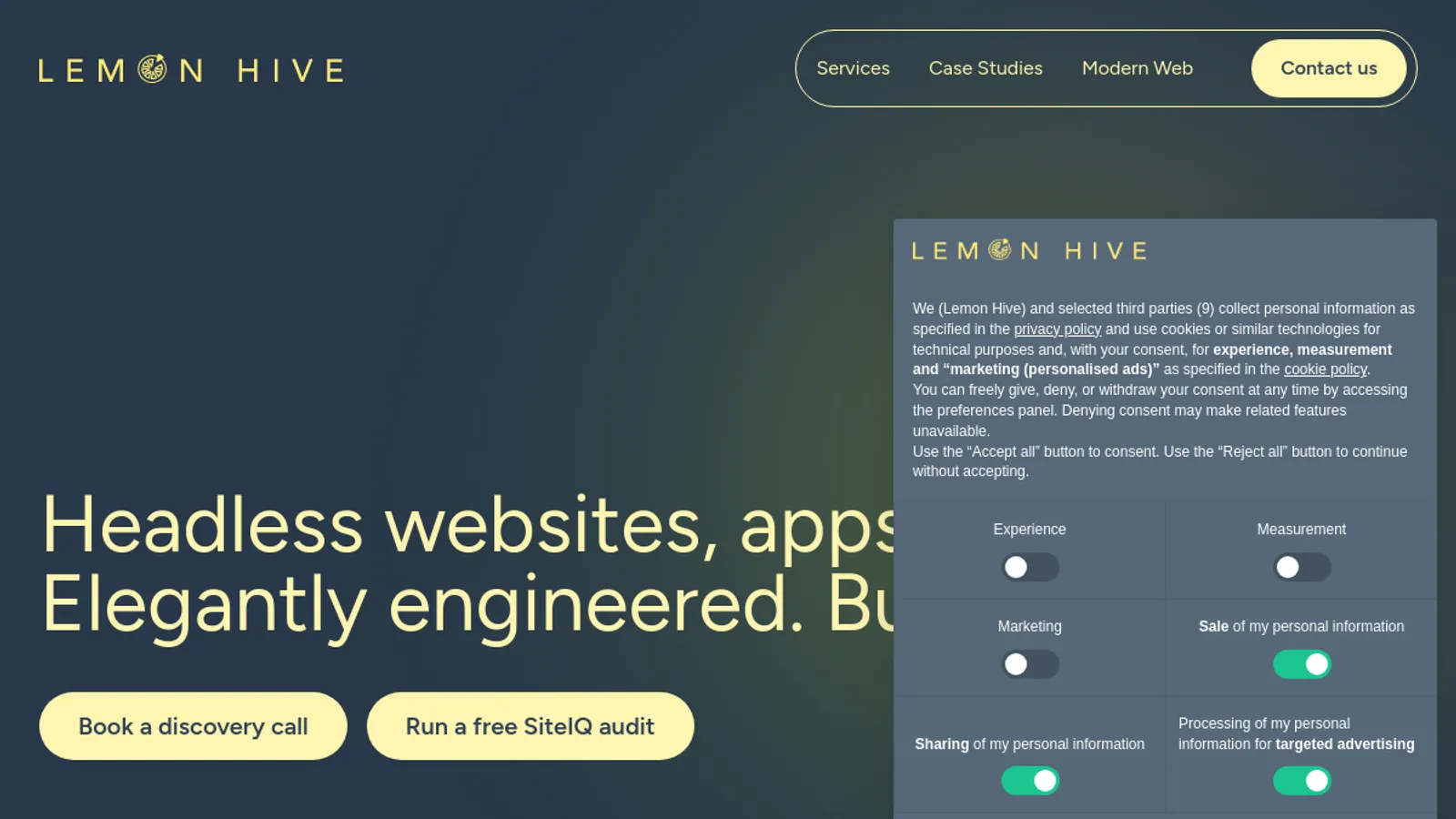 Screenshot of the Lemon Hive - Headless Commerce Websites & Apps homepage