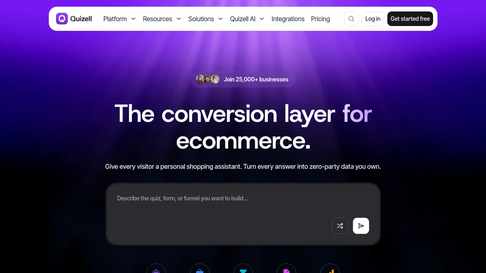 Screenshot of the Quizell homepage