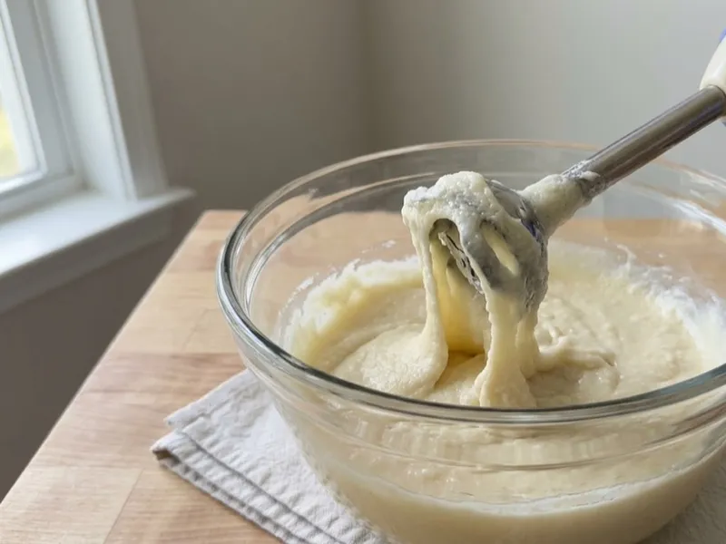 A gloved hand lifts an immersion blender dripping with thick soap batter from a glass bowl.