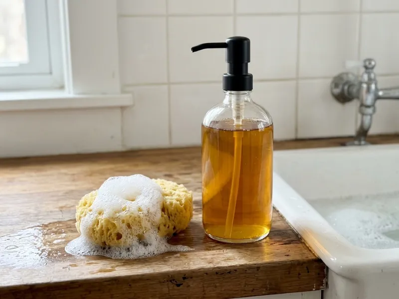 A glass pump bottle filled with amber liquid soap sits beside a sudsy natural sponge.