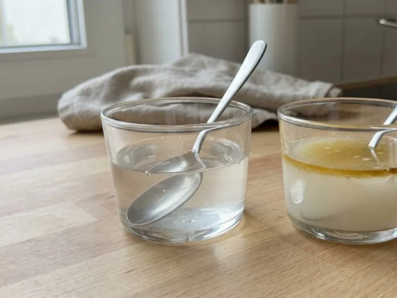 Two glass cups with spoons contain clear liquid and separated layers of cloudy liquid and oil.