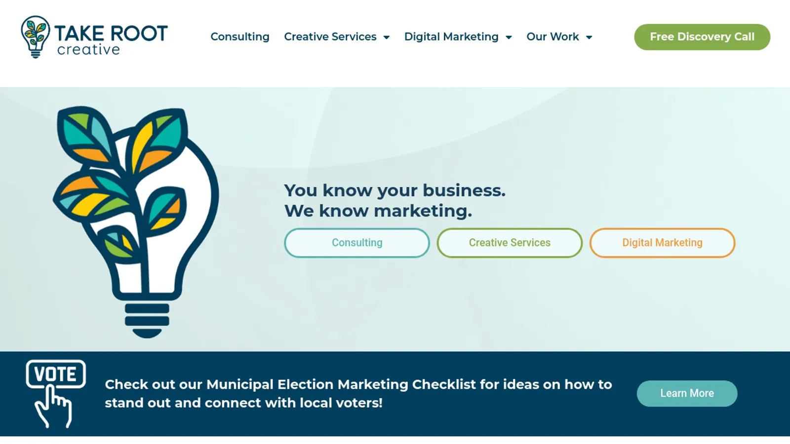 Screenshot of the Take Root Creative homepage