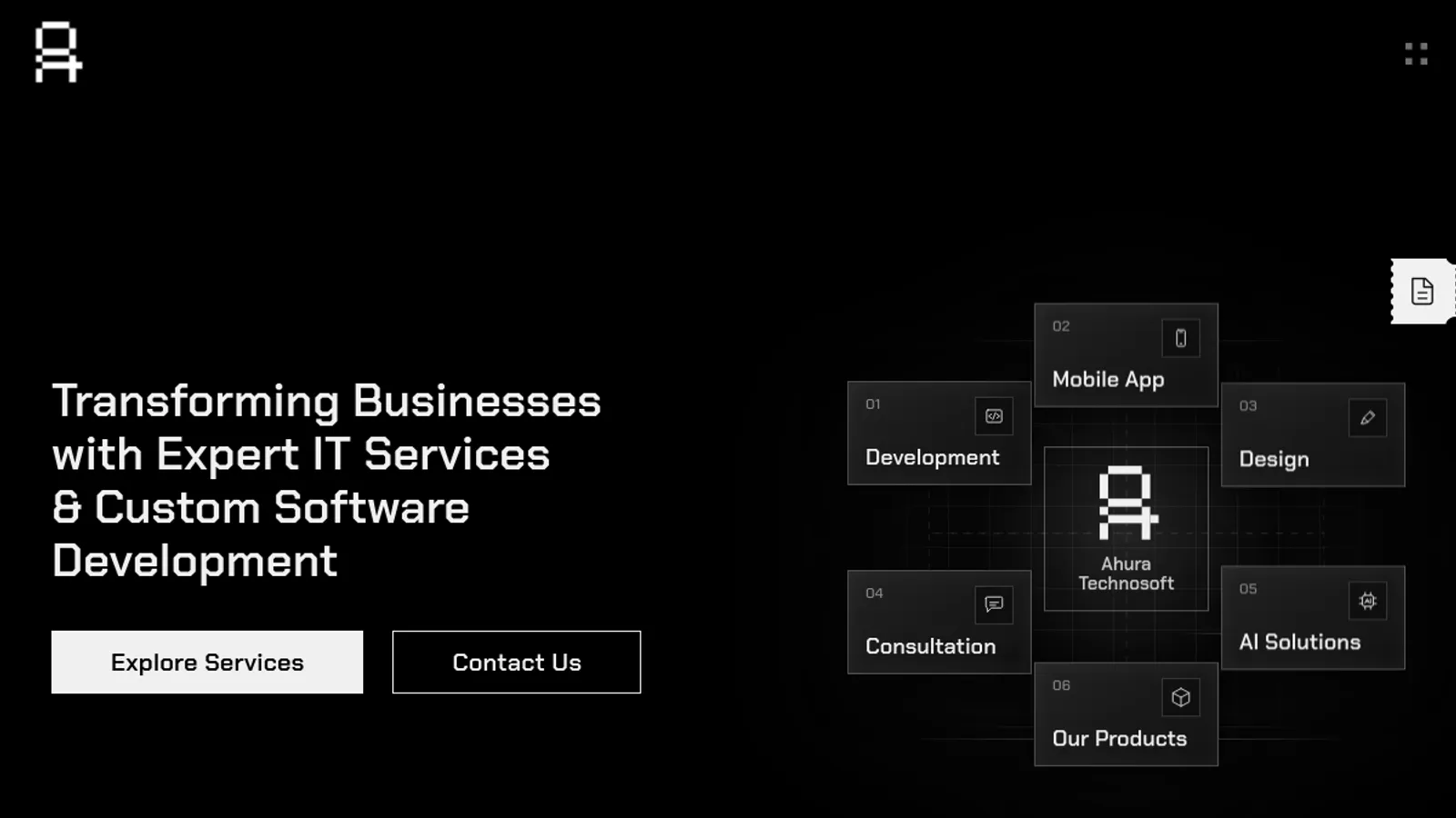 Screenshot of the Ahura Technosoft homepage