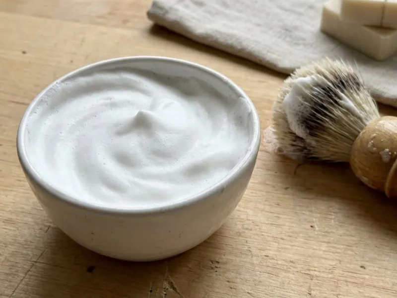 Rich white shaving soap lather in a ceramic bowl sits beside a wooden brush and soap bars.