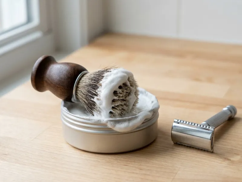 A lathered shaving brush rests on an open metal soap tin beside a chrome safety razor.