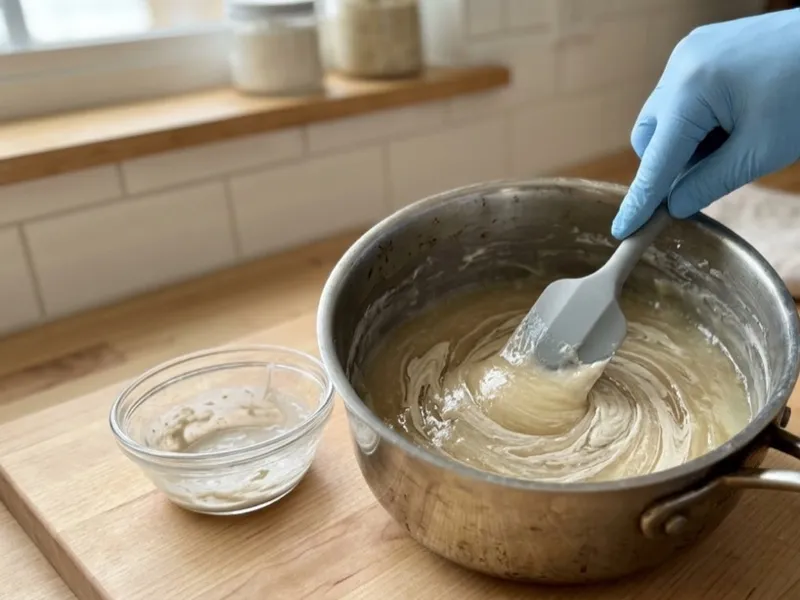 Gloved hands stir a thick, swirling soap mixture in a stainless steel pot with a spatula.