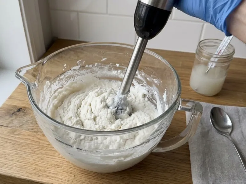 A gloved hand blends thick white soap batter in a glass bowl using an immersion blender.