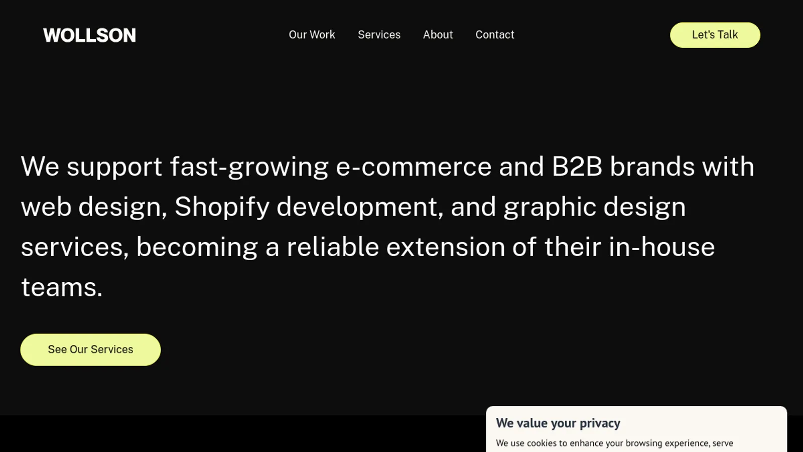 Screenshot of the Wollson homepage