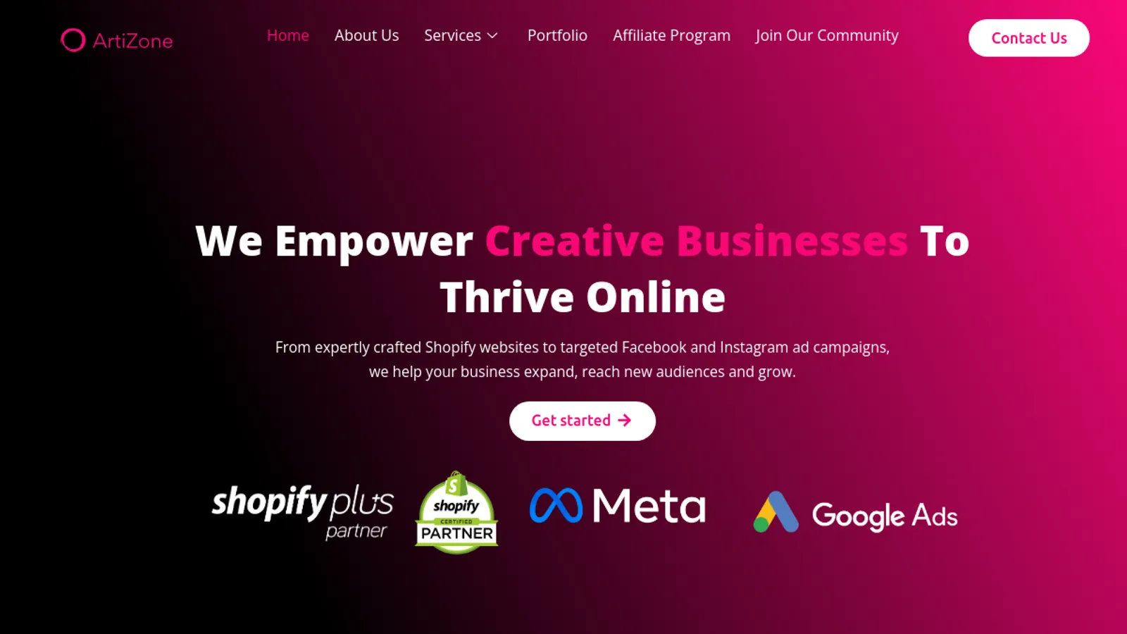 Screenshot of the ArtiZone homepage