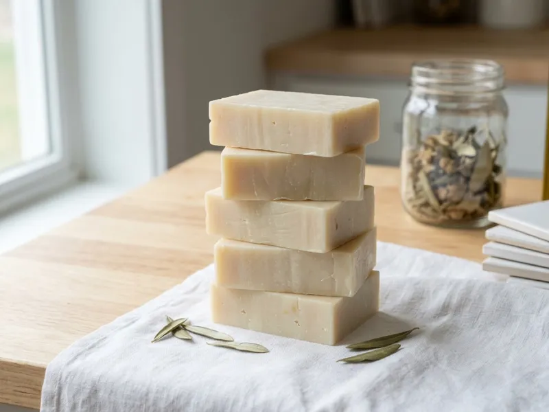 A stack of five handmade soap bars rests on a white cloth beside scattered olive leaves.