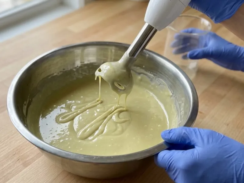 Gloved hands lifting an immersion blender with soap batter dripping into a stainless steel bowl.