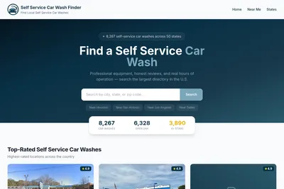 Screenshot of the Self Service Car Wash Finder homepage