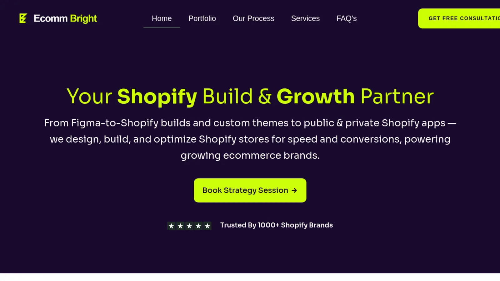 Screenshot of the Ecomm Bright homepage
