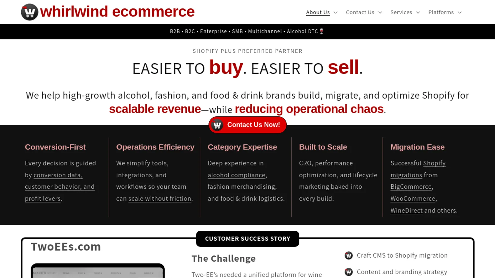 Screenshot of the Whirlwind eCommerce "Easier to buy, easier to sell" homepage
