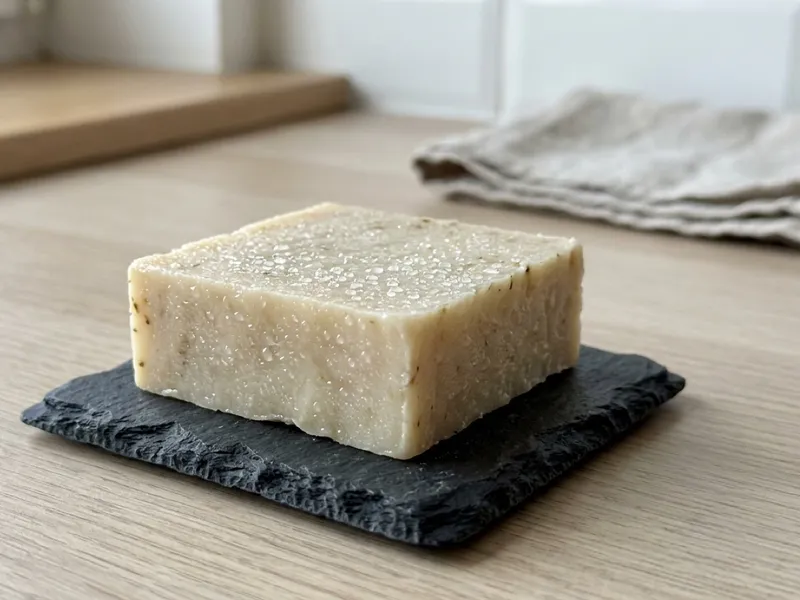 A square handmade soap bar covered in moisture droplets rests on a dark slate coaster.