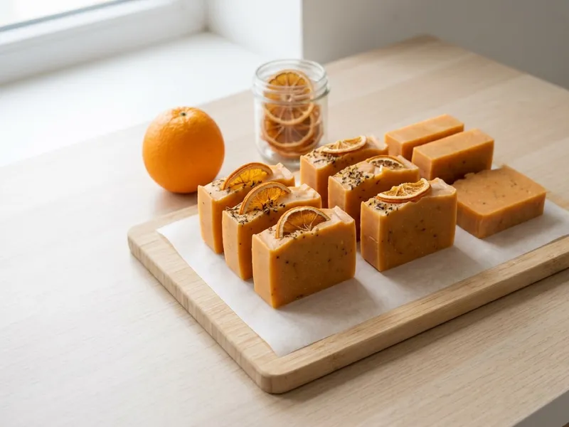 Bars of handmade orange soap topped with dried citrus slices on a wooden cutting board.