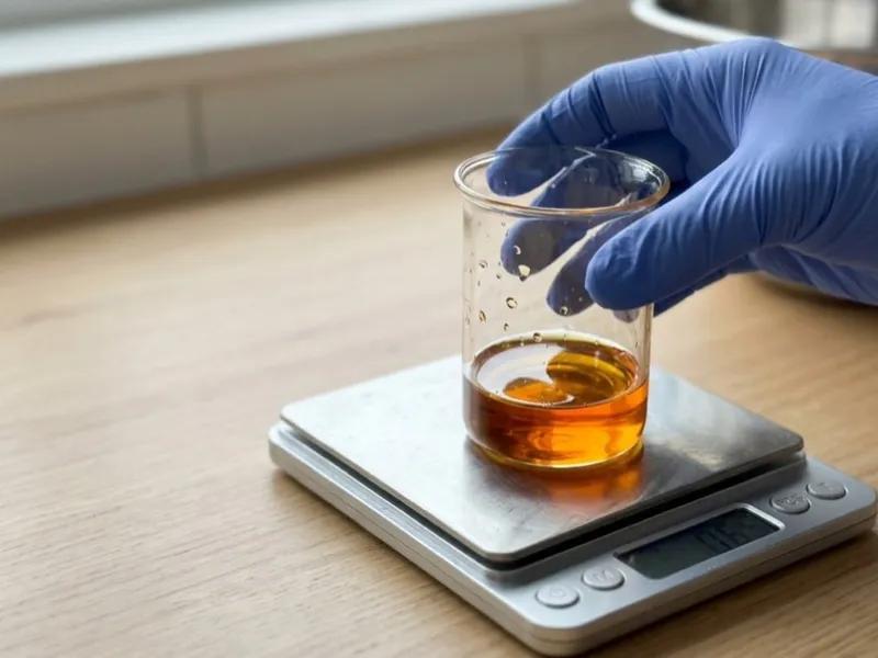 A gloved hand places a glass beaker of amber liquid onto a digital scale.