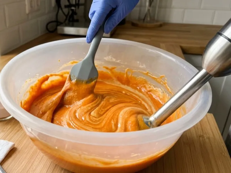A gloved hand stirs thick orange soap batter in a plastic mixing bowl with a spatula.