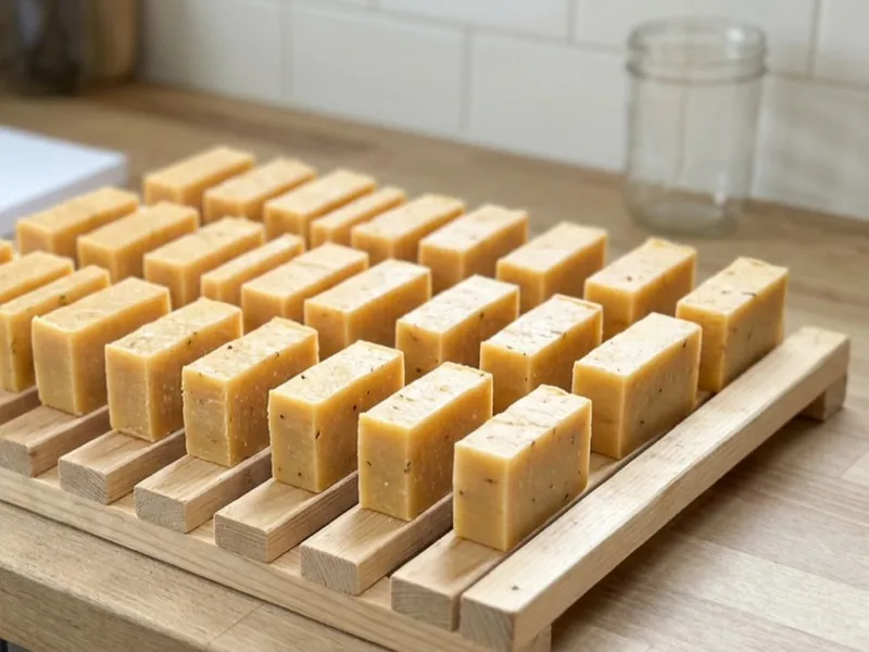 Rows of handmade natural soap bars cure on a wooden slatted drying rack.