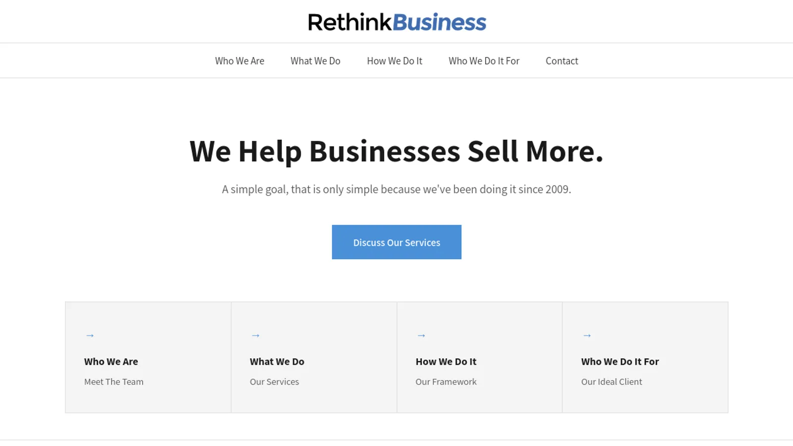 Screenshot of the Rethink Business homepage