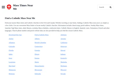 Screenshot of the Mass Times Near Me homepage