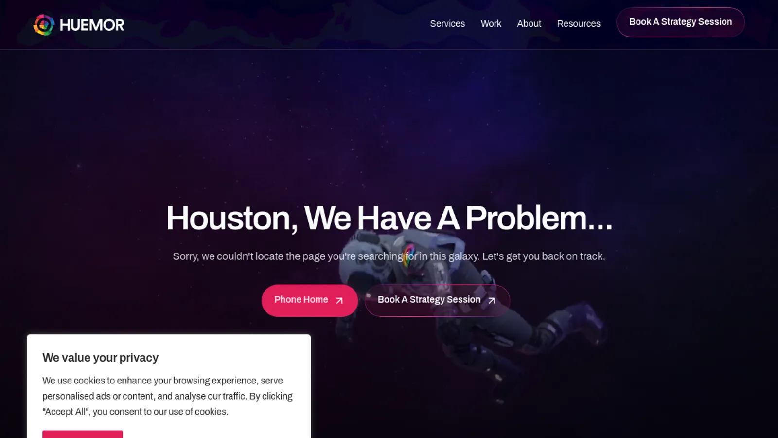 Screenshot of the Huemor homepage