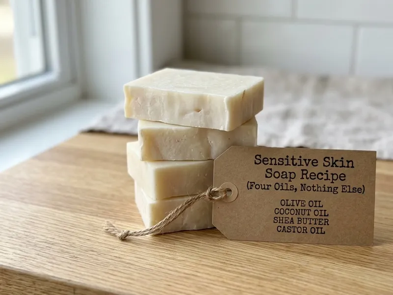 Four stacked bars of handmade white soap beside a kraft paper recipe tag on a wooden board.