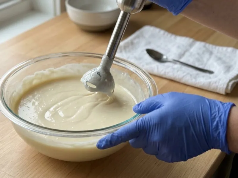 Gloved hands lift an immersion blender from a glass bowl of creamy soap batter.