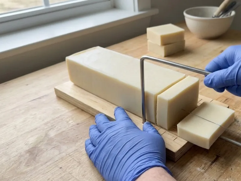 A person wearing blue gloves uses a wire cutter to slice a block of soap into bars.