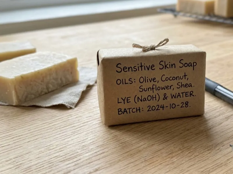 A handmade soap bar wrapped in brown paper with handwritten ingredients sits beside a black pen.