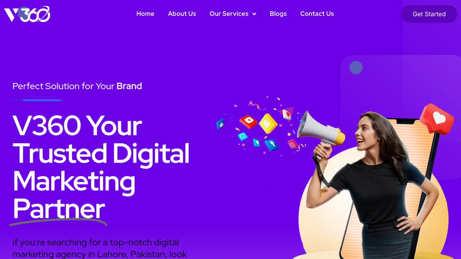 Screenshot of the V360 homepage