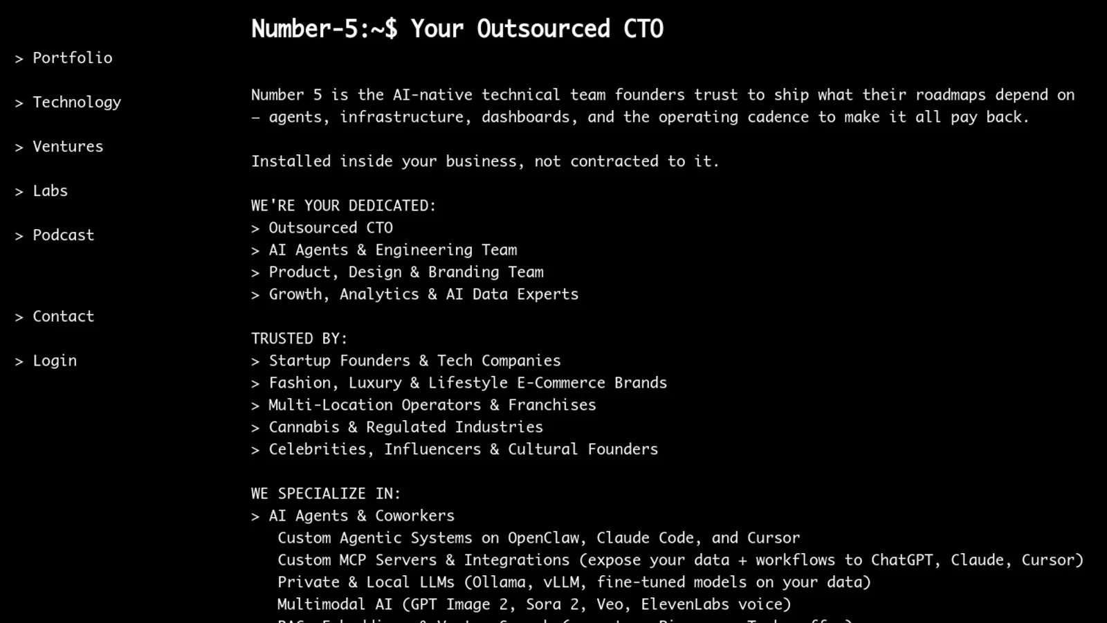 Screenshot of the Number 5 homepage