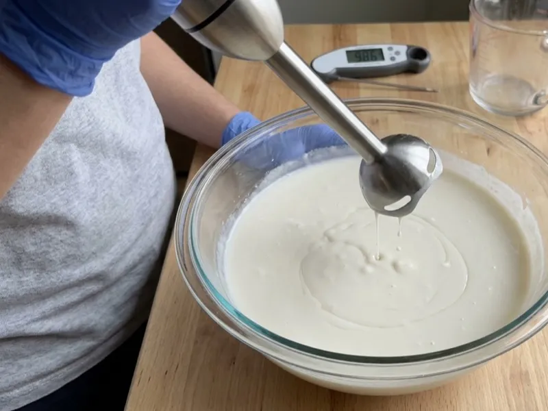 A gloved hand lifts an immersion blender from a bowl of white soap batter, displaying trace.