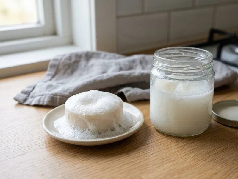 A sudsy white soap bar rests on a dish beside an open glass jar on a countertop.