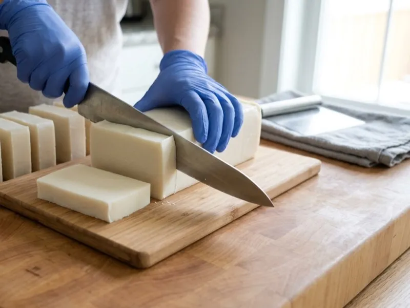 Gloved hands slice a loaf of white handmade soap into bars on a wooden cutting board.