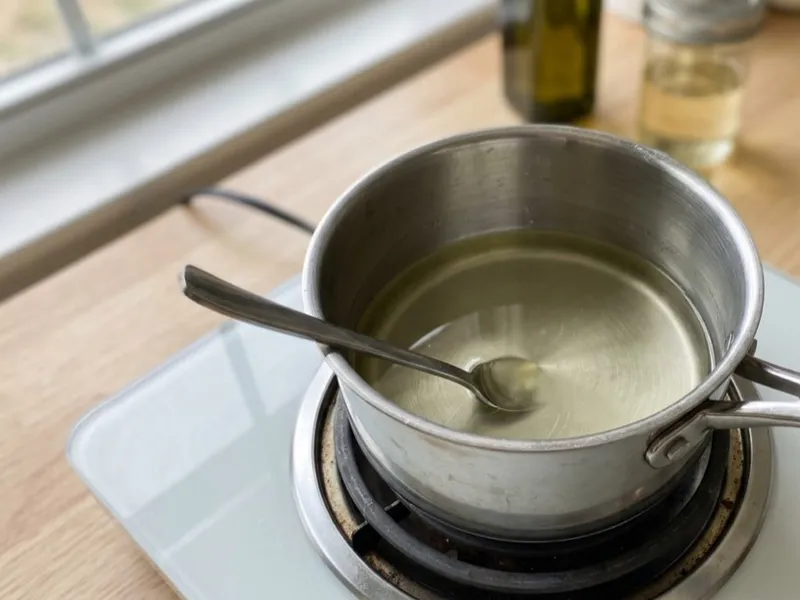 Melted oils warming in a stainless steel pot with a spoon on an electric burner.