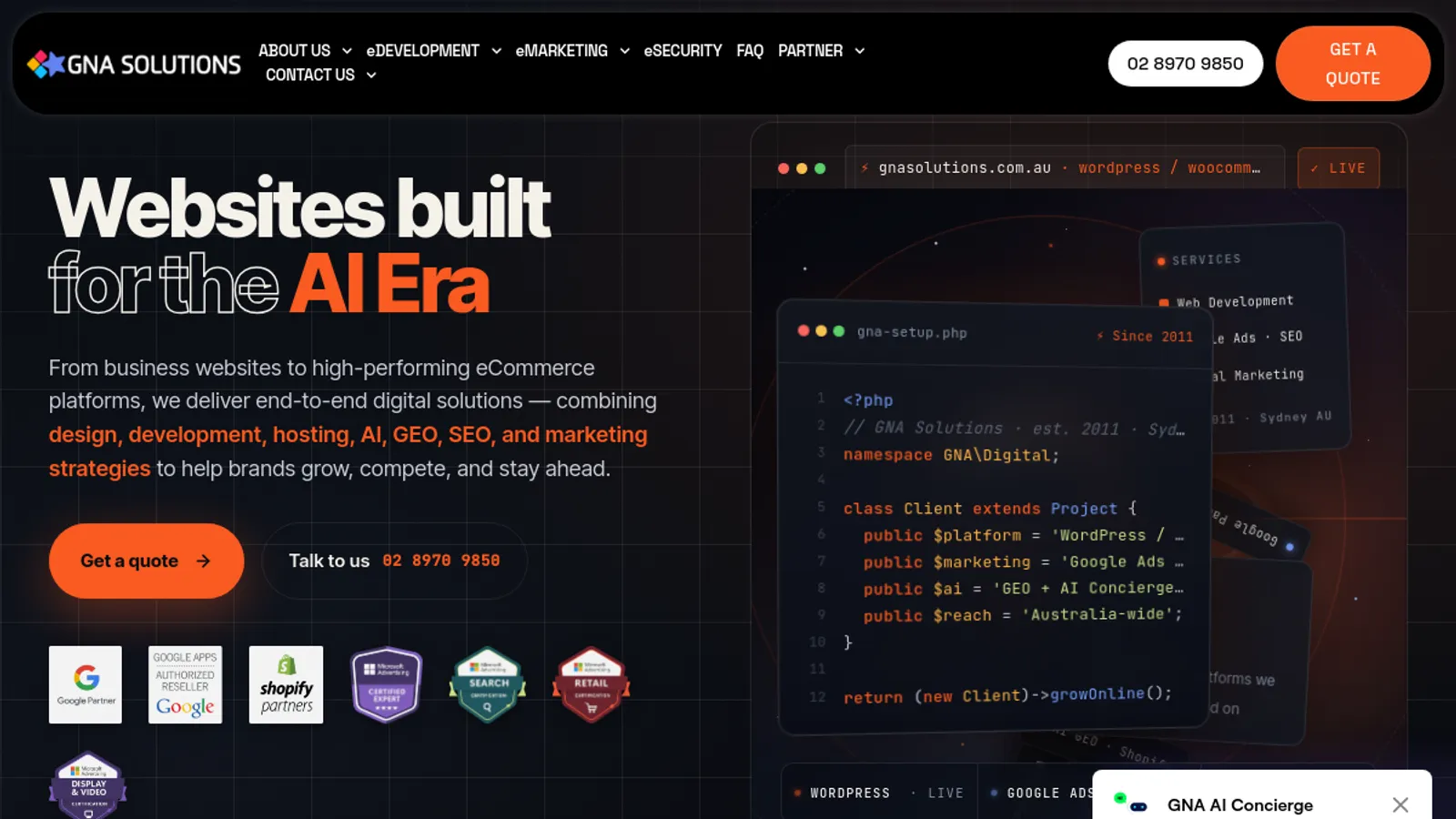 Screenshot of the GNA Solutions homepage