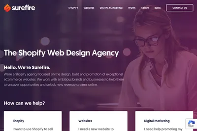 Screenshot of the Surefire Media homepage