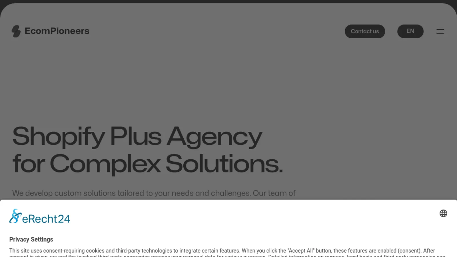 Screenshot of the EcomPioneers homepage