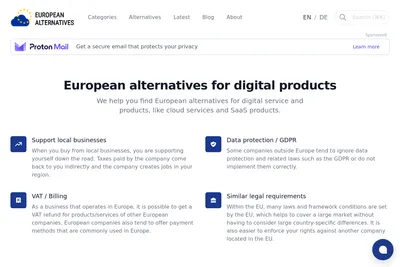 Screenshot of the European Alternatives homepage