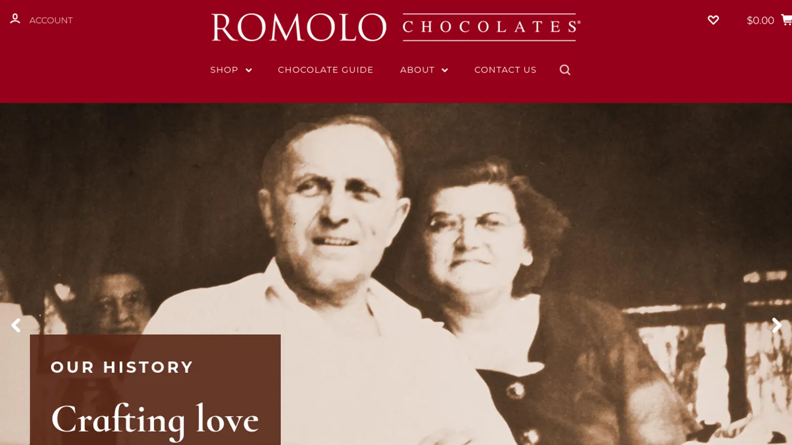 Screenshot of the Romolo Chocolates homepage