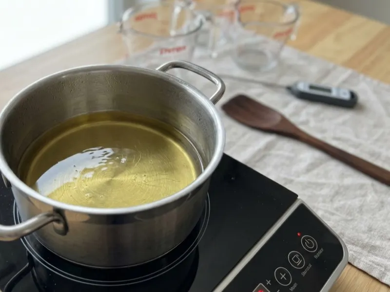 Melted oils in a stainless steel pot heating on an induction cooktop for soap making.