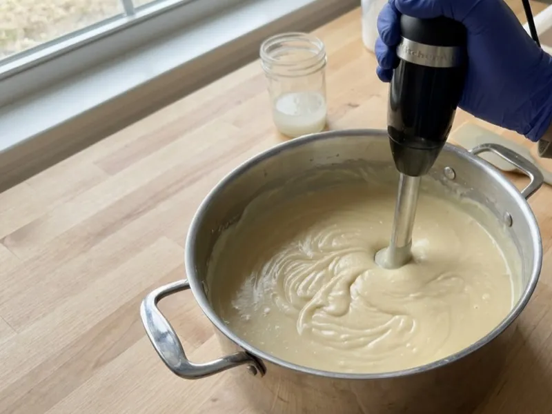 A gloved hand uses an immersion blender to mix creamy soap batter inside a stainless steel pot.