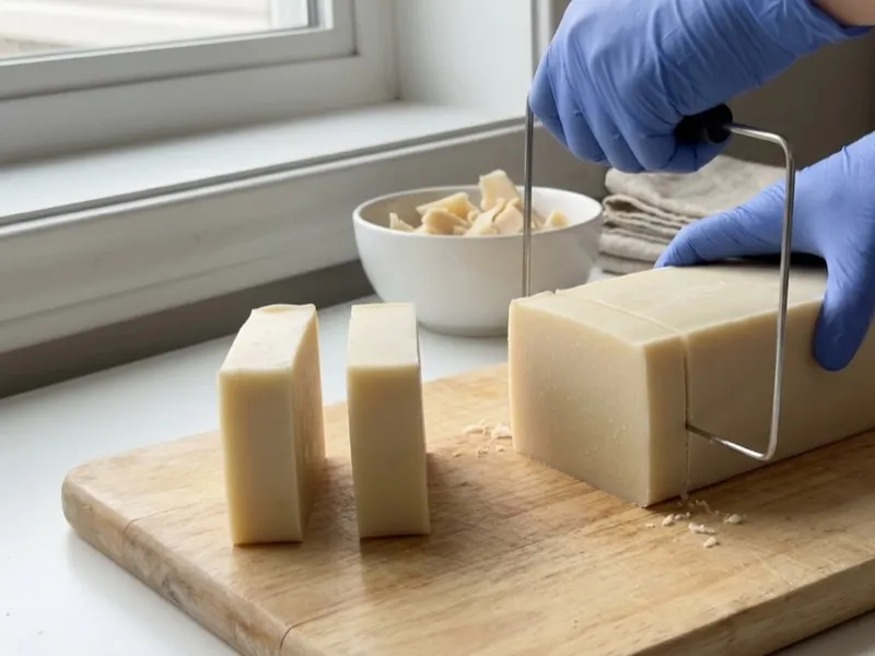 Gloved hands slice a block of handmade soap into individual bars using a wire soap cutter.