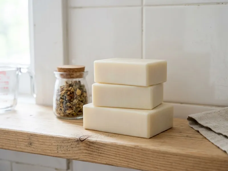 Three bars of plain white soap stacked on a wooden shelf beside a jar of dried botanicals.