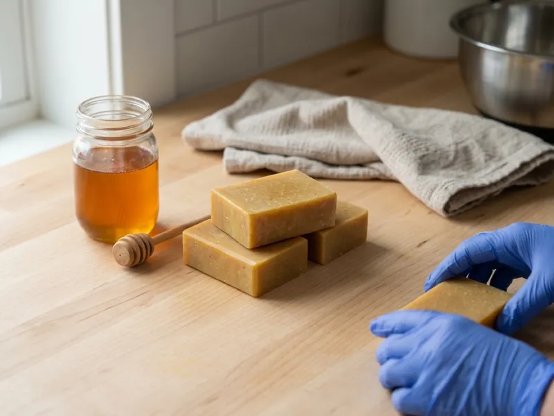Gloved hands arrange handmade soap bars on a wooden counter beside a jar of honey.